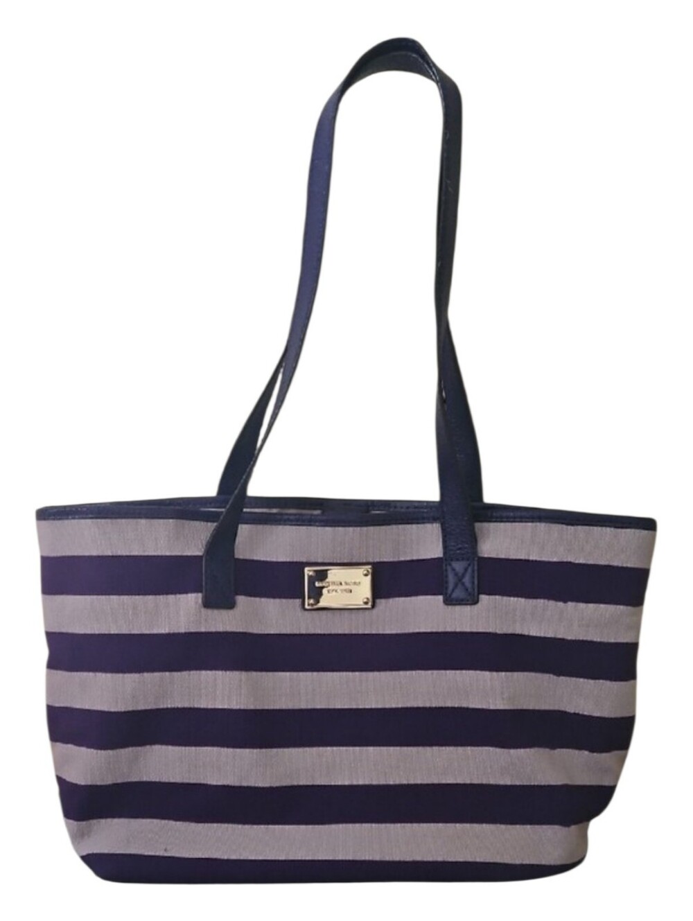 Michael Kors Striped Purple and Cream Tote with Gold-Tone Plaque